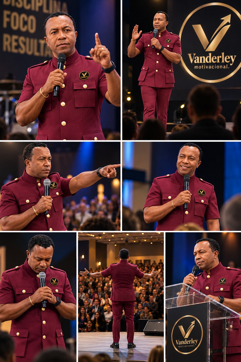 Composição de Vanderley em diferentes poses de palestrante
